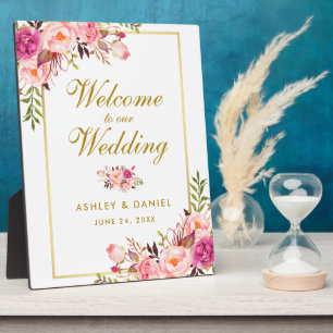 Watercolor Floral Pink Blush Gold Wedding Welcome Plaque