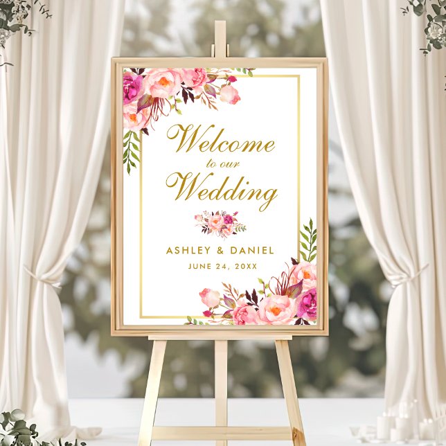 Watercolor Floral Pink Blush Gold Wedding Welcome Poster (Customize to change text color, text size, text style or size of poster.)
