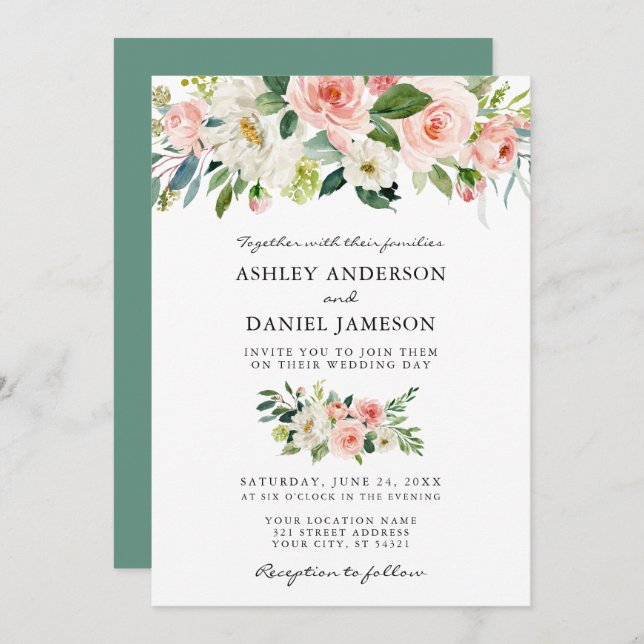 Watercolor Floral Pink Blush Greenery Wedding Invitation (Front/Back)