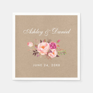 Watercolor Floral Pink Blush Kraft Wedding Napkin