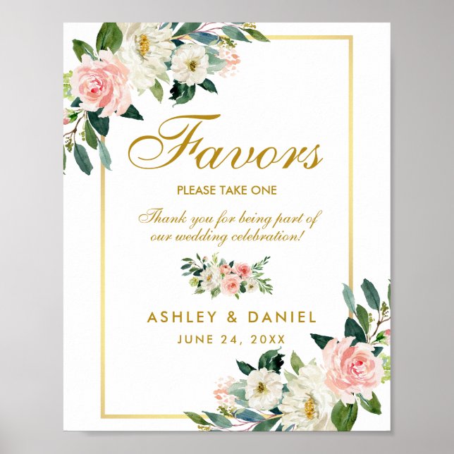 Watercolor Floral Pink Blush Wedding Gold Favours Poster (Front)