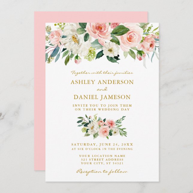Watercolor Floral Pink Blush Wedding Gold Invitation (Front/Back)