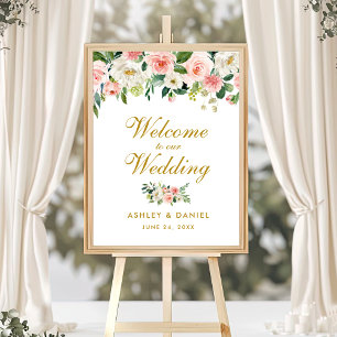 Watercolor Floral Pink Blush Wedding Welcome Gold Poster