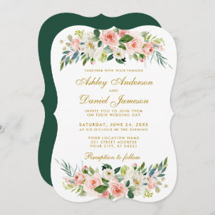 Watercolor Floral Pink Blush White Gold Wedding GB Invitation