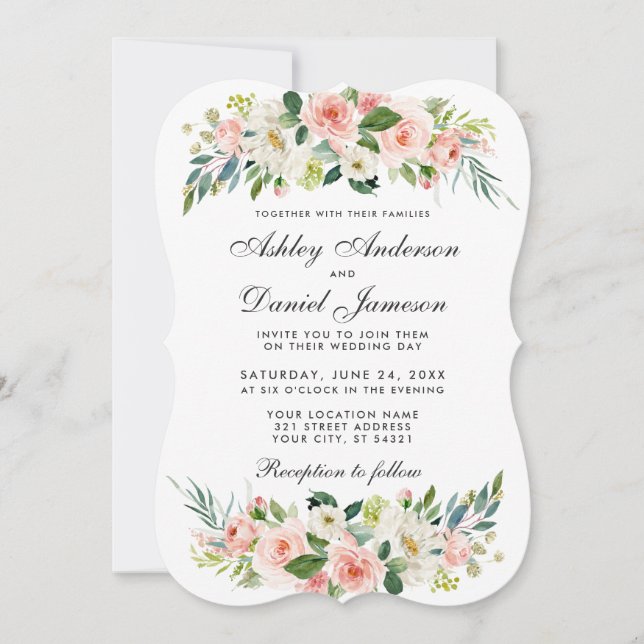 Watercolor Floral Pink Blush White Wedding B Invitation (Front)