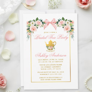 Watercolor Floral Pink Bow Bridal Tea Party Invitation