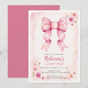 Watercolor Floral Pink Bow Coquette Birthday Invitation