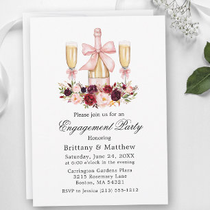 Watercolor Floral Pink Bow Engagement Party Invitation