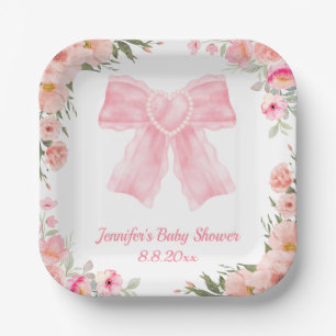 watercolor floral pink bow girl baby shower modern paper plate
