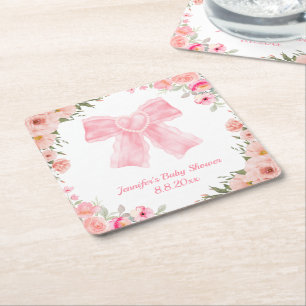 watercolor floral pink bow girl baby shower  square paper coaster