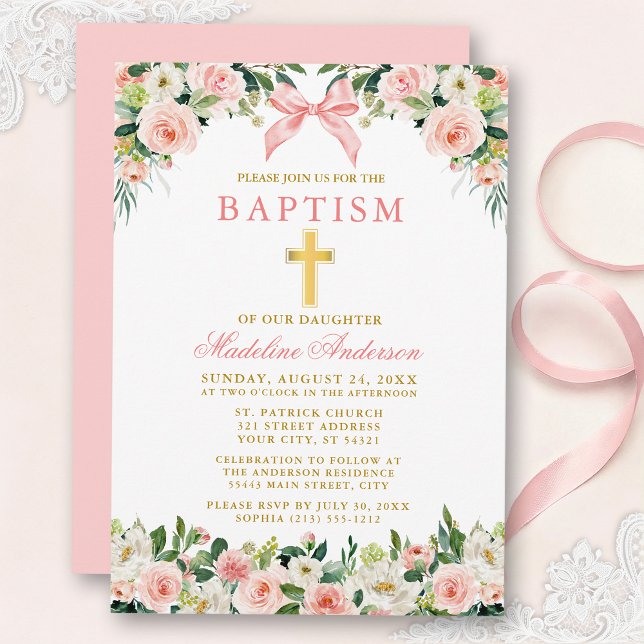 Watercolor Floral Pink Bow Gold Baptism Invitation (Customize to change text color, size, style or to change color of back of card.)