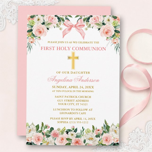 Watercolor Floral Pink Bow Gold Communion Invitation (Customize to change text color, size, style or to change color of back of card.)