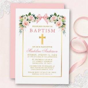 Watercolor Floral Pink Bow Gold Frame Baptism Invitation