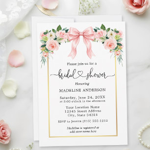 Watercolor Floral Pink Bow Heart Bridal Shower Invitation