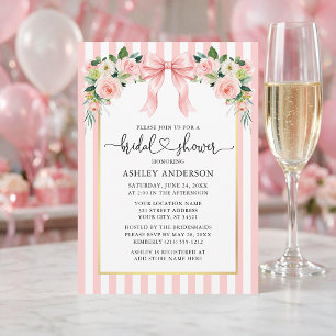 Watercolor Floral Pink Bow Stripes Bridal Shower Invitation