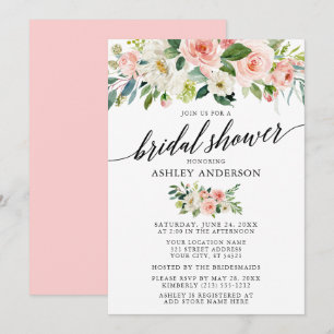 Watercolor Floral Pink Bridal Shower Calligraphy Invitation