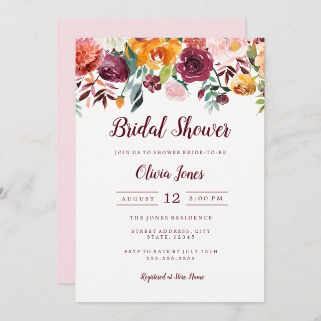 Watercolor Floral Pink Bridal Shower Card (Front/Back)