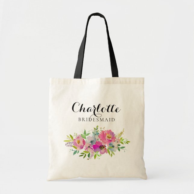 Watercolor Floral Pink Bridesmaid Wedding Gift Tote Bag (Front)