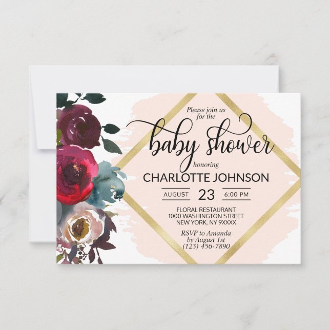 Watercolor Floral Pink Burgundy Gold Baby Shower Invitation (Front)