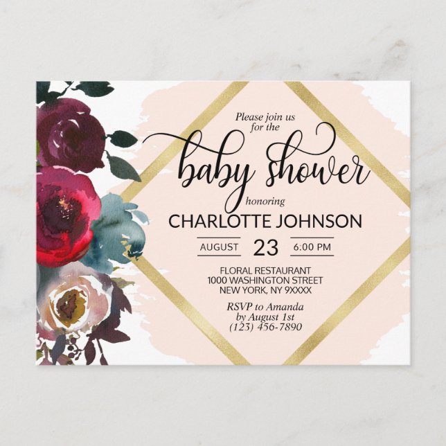 Watercolor Floral Pink Burgundy Gold Baby Shower Postcard (Front)