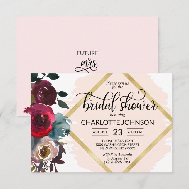 Watercolor Floral Pink Burgundy Gold Bridal Shower Invitation (Front/Back)