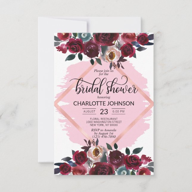 Watercolor Floral Pink Burgundy Plum Bridal Shower Invitation (Front)