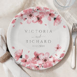 Watercolor Floral Pink Cherry Blossom Paper Plate<br><div class="desc">Add a touch of springtime elegance to your wedding reception with these personalised watercolor floral wedding paper plates. These disposable plates feature a beautiful design of pink cherry blossoms, framing the couple's names and wedding date. They are perfect for serving appetizers, desserts, or cake at your wedding breakfast or reception....</div>