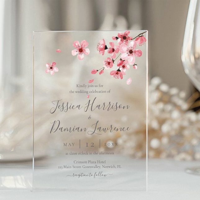 Watercolor Floral Pink Cherry Blossom Wedding Acrylic Invitations (Creator Uploaded)