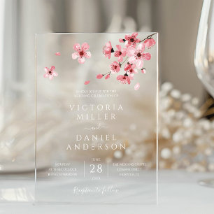 Watercolor Floral Pink Cherry Blossom Wedding Acrylic Invitations