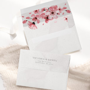 Watercolor Floral Pink Cherry Blossom Wedding Envelope