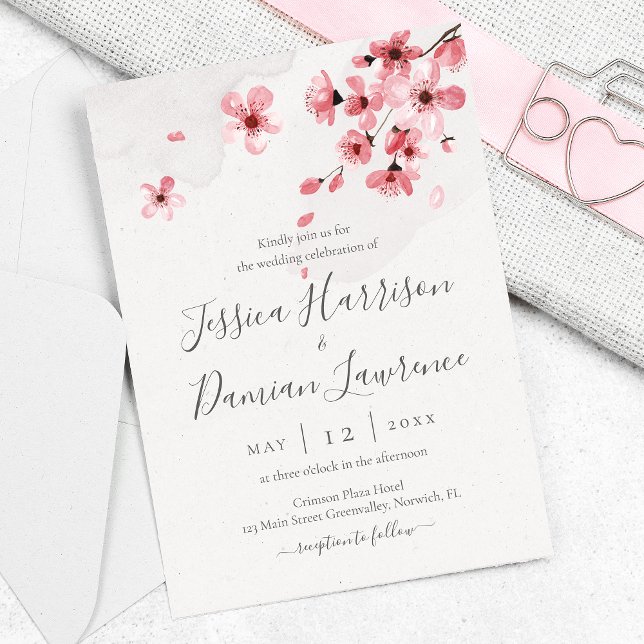Watercolor Floral Pink Cherry Blossom Wedding Invitation (Creator Uploaded)