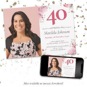 Watercolor Floral Pink Custom Photo 40th Birthday Invitation