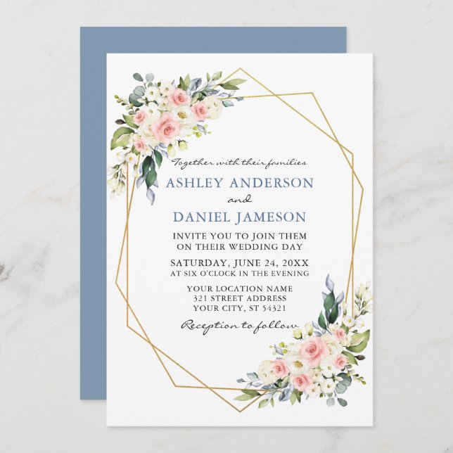 Watercolor Floral Pink Dusty Blue Wedding Geo Invitation (Front/Back)