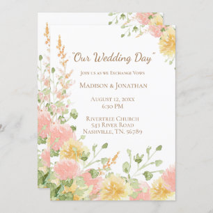 Watercolor Floral Pink Elegant Chic Brown Script Invitation
