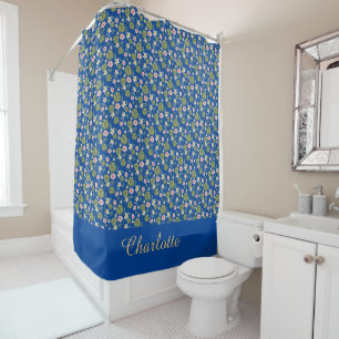 Watercolor floral pink elegant deep blue name shower curtain