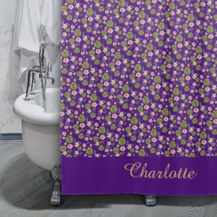 Watercolor floral pink elegant name purple shower curtain
