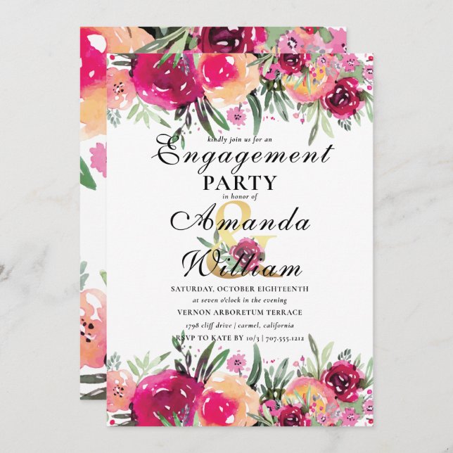 Watercolor Floral Pink Engagement Party Invitation (Front/Back)