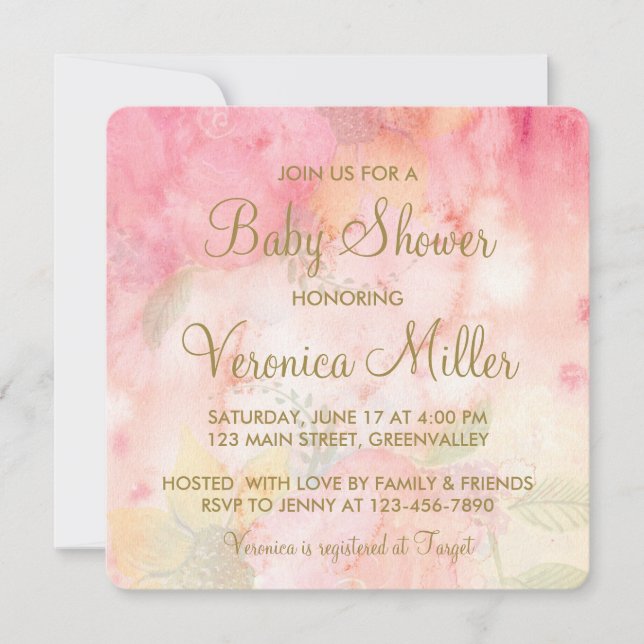Watercolor Floral Pink Gold Baby Shower Invitation (Front)