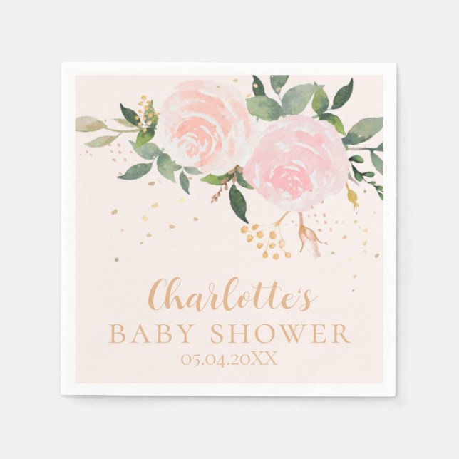 Watercolor Floral Pink Gold Baby Shower Napkins (Front)