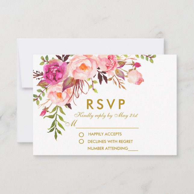 Watercolor Floral Pink Gold RSVP Wedding Card (Front)