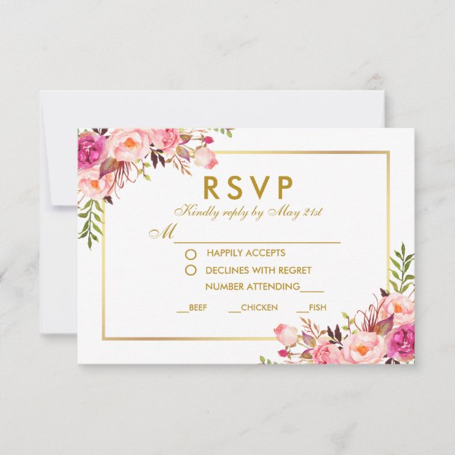 Watercolor Floral Pink Gold RSVP Wedding Meal Card (Front)