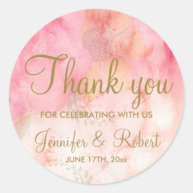 Watercolor Floral Pink Gold Thank You Sticker (Front)
