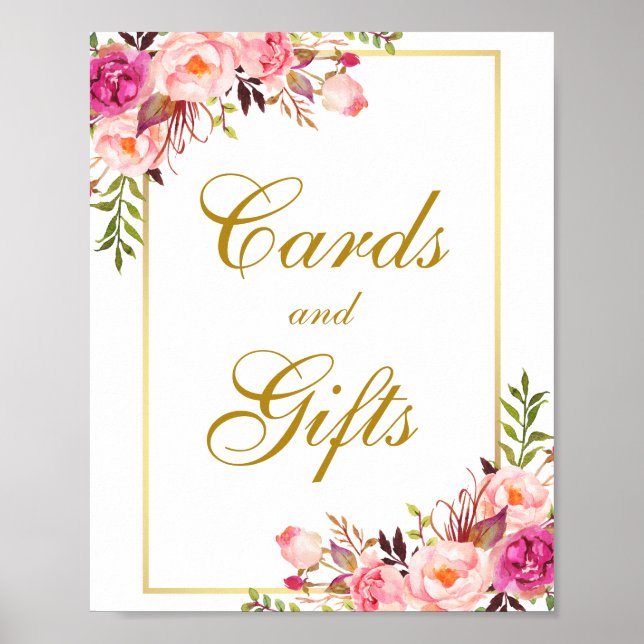 Watercolor Floral Pink Gold Wedding Cards Gifts Poster (Front)