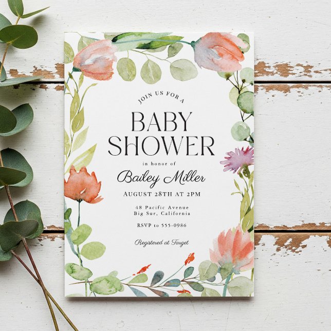 Watercolor Floral Pink Green Baby Shower Invitation (Creator Uploaded)