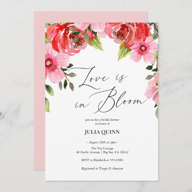 Watercolor Floral Pink Green Bridal Shower Invitation (Front/Back)