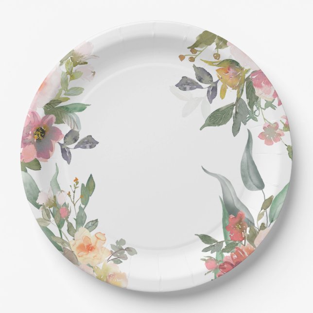 Watercolor Floral Pink Green Bridal Shower Paper Plate (Front)