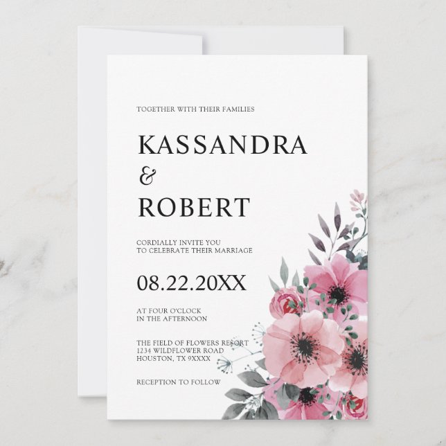Watercolor Floral Pink Grey Anemone Wedding Invitation (Front)