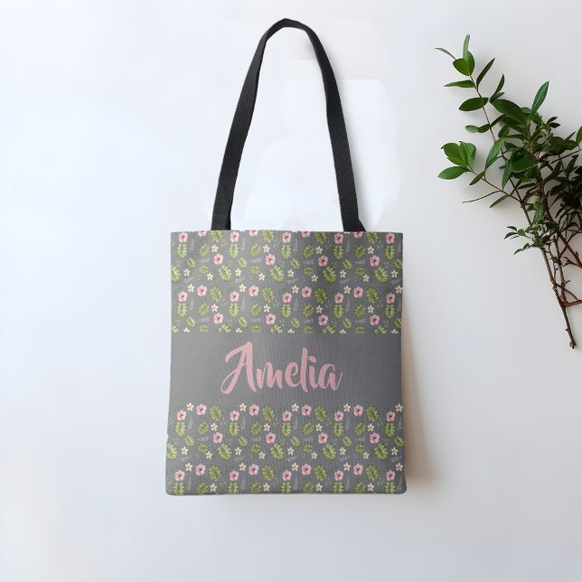 Watercolor floral pink grey pattern  tote bag (Creator Uploaded)