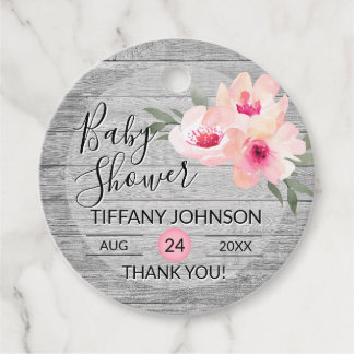 Watercolor Floral Pink Grey Rustic Baby Shower Favour Tags