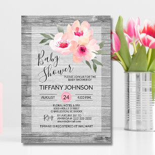 Watercolor Floral Pink Grey Rustic Baby Shower Invitation